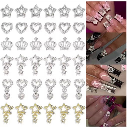 Luxury 3D Nail Art Charms Shiny Pentacle Crystal Pendant Design Alloy Heart Star 3D Metal Nail Charms